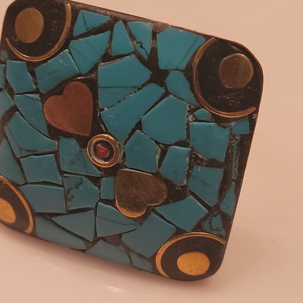 Ring jewelry with channel inlay turquoise  metal mosaic design Costume? Vintage
